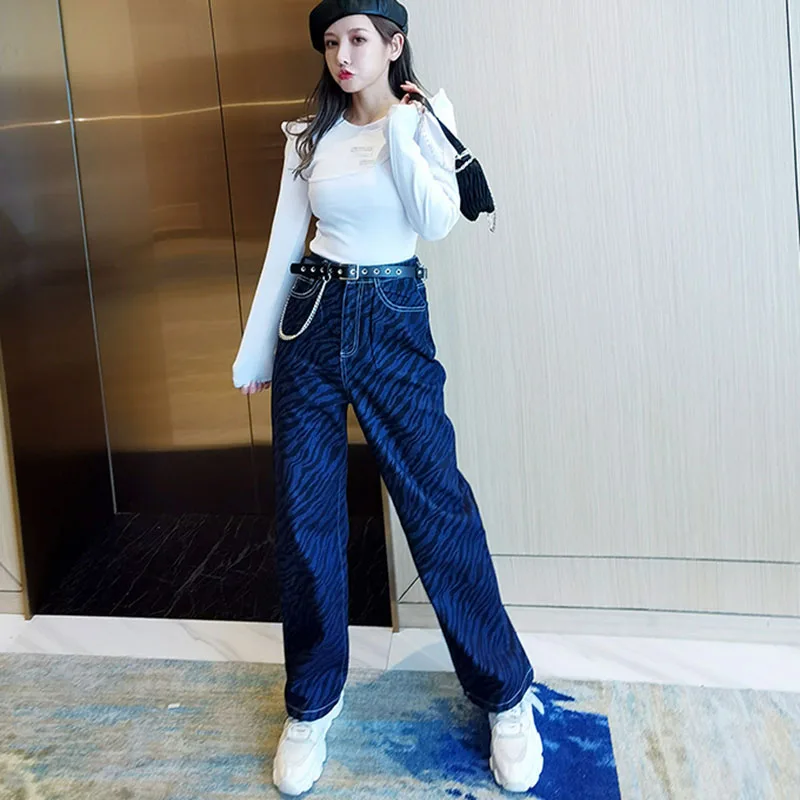 

SeeBeautiful Casual Striped Loose Jeans Lace Up Pockets Denim Pants Simple New Fashion 2021 Autumn Women E081