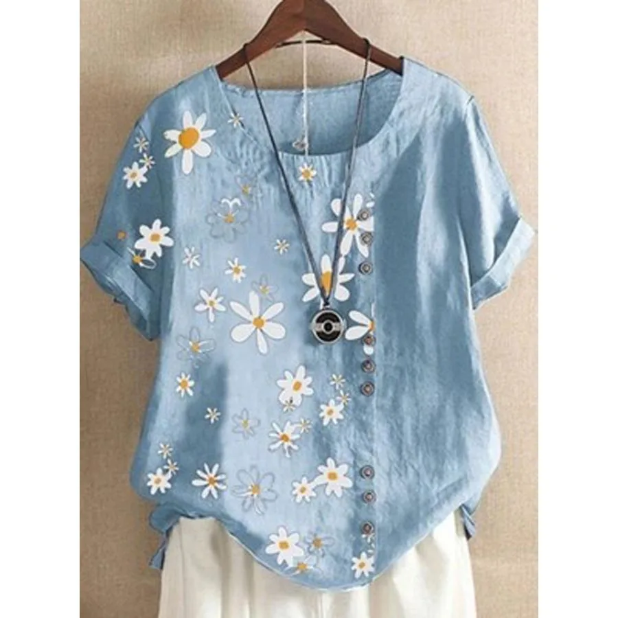 

DIOROBBEN women blouses 2020 New summer fashion vintage tops daisy flowers printed Short Sleeve Cotton Linen Loose Women's shirt