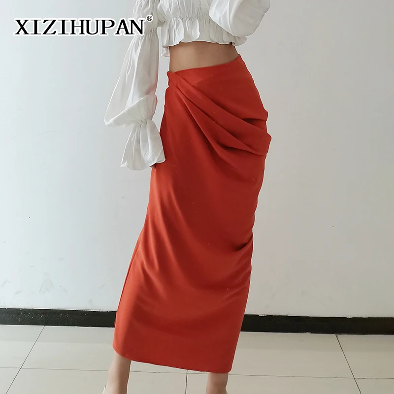 

XIZIHUPAN Minimalist Fold Pleated High-waisted Skirt For Women Casual Zipper Midi Skirts Females 2021 Autumn Fashion Clothing