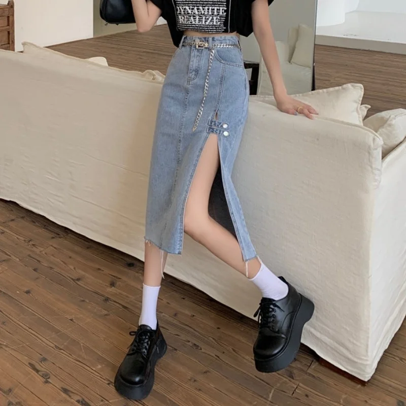 Джинсовая юбка с разрезом женская летняя средней и большой длины запахом высокой