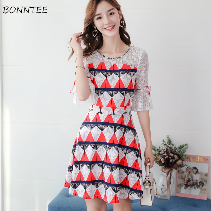 

Dress Women Printed Korean All-match Slim Printed Sweet Elegant Womens High Quality Leisure O-Neck Female Three Quarter Sleeve