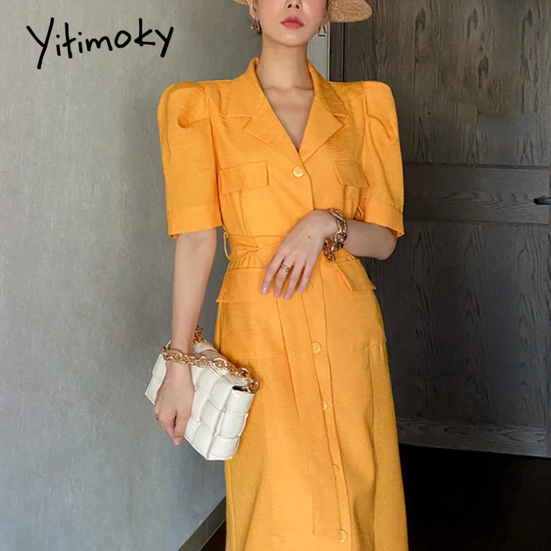 Модные женские платья Yitimoky с отложным воротником лето 2021 корейский стиль пышными
