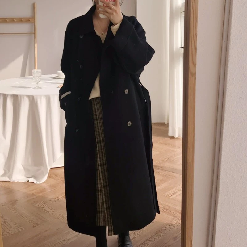 Зимнее женское Шерстяное пальто в стиле ретро с поясом женская теплая куртка