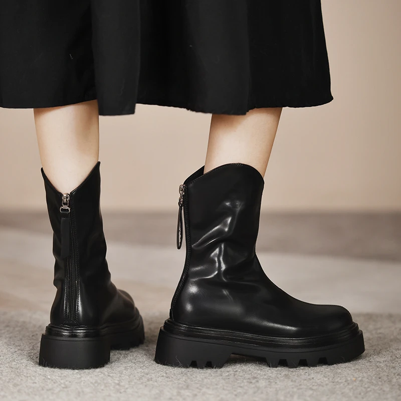 

Ботинки женские телесные на толстом каблуке, круглый низкий каблук, молния на спине, короткие сапоги в британском стиле, полиуретановые одн...