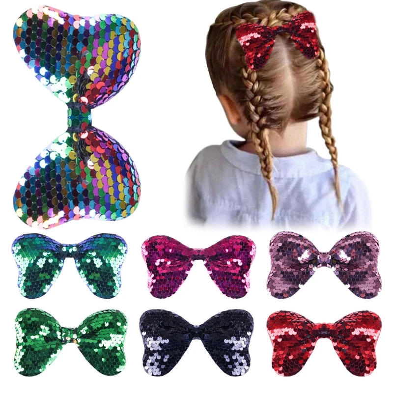 

7 Colors Sparkly Hair Bows Clip Sequin Big 5" Hair Bows Alligator Hair Clip Reversible Ribbon Bowknot Hairpins Baby Girl