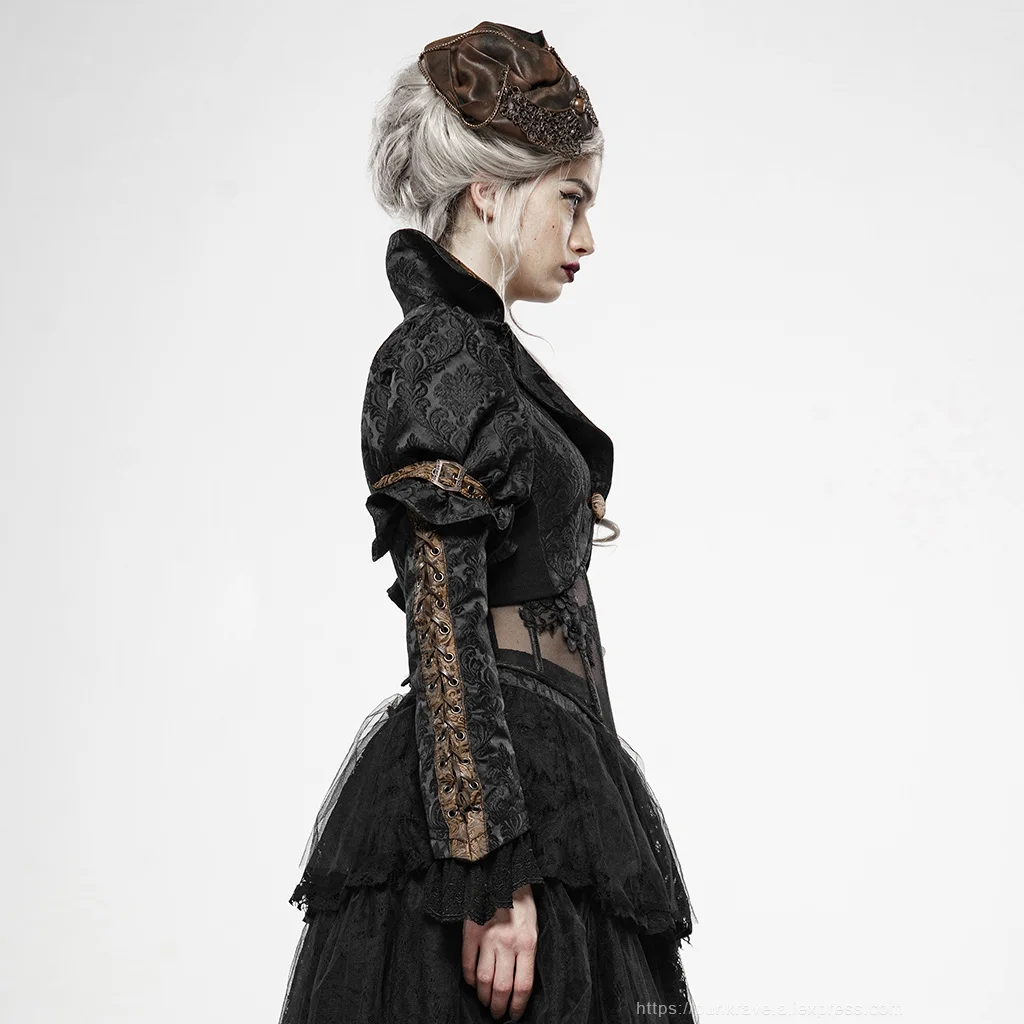 PUNK RAVE Women's Steampunk Desperate Crisis Turn-down Collar Short Coat Gothic Three-dimensional Jacquard Party Jackets Women | Женская