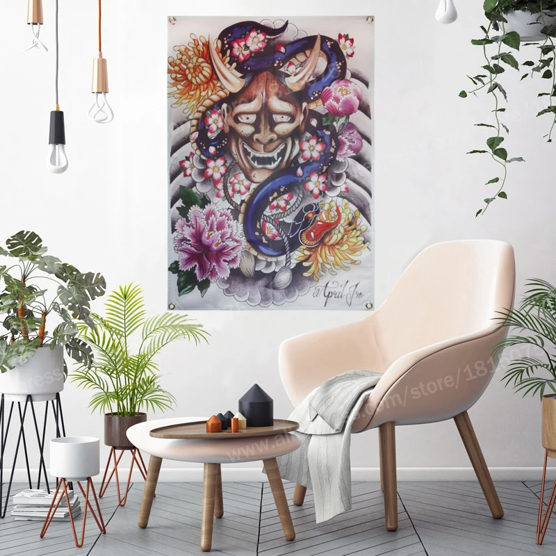 Цветок череп Японский тату плакат флаг женский подвесной 4 люверса в углах 3*5