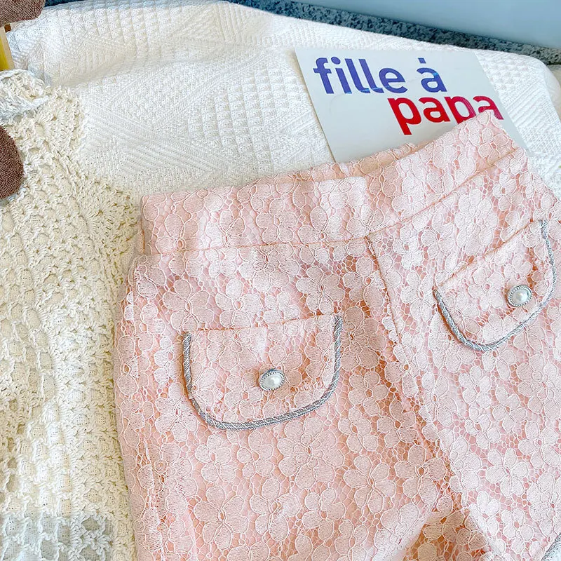 Комплект одежды для девочек новая модная розовая футболка с цветочным кружевом и