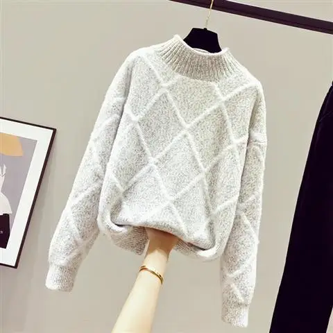 

Women 2021 Autumn Winter New Mink Velvet Sweater Tops Female Loose Knitted Jumpers Ladies Half High Collar Warm Pullovers Y734