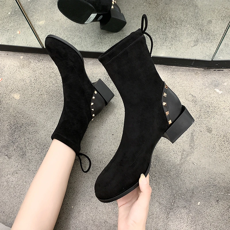 Черные модные ботинки коллекция 2019 года женская замшевая обувь в Корейском стиле