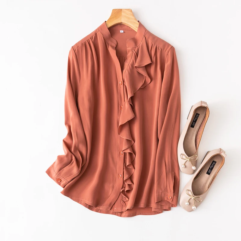 

Women 100% Mulberry Silk Crepe Silk Orange Buttons down ruffles long sleeve shirt Top Blouse Collared office work M L XL MM164