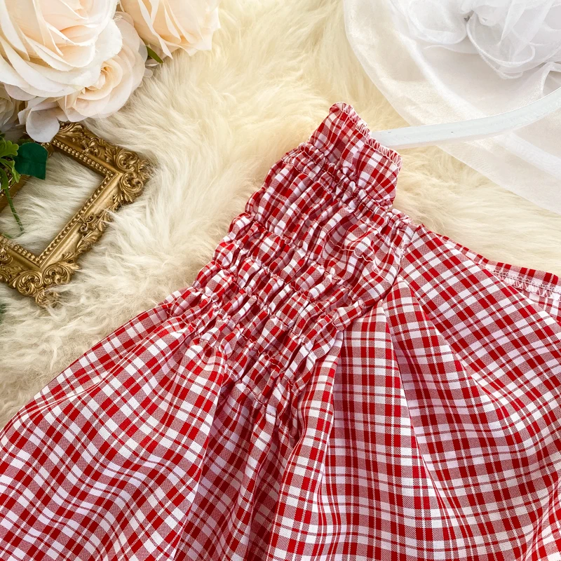 

Chic Plaid V Neck Blouses 2021 Fashion Korean Off Shoulder Bandage Blouse Cute Feminine Elegant Puff Sleeve Ruffle Top Women