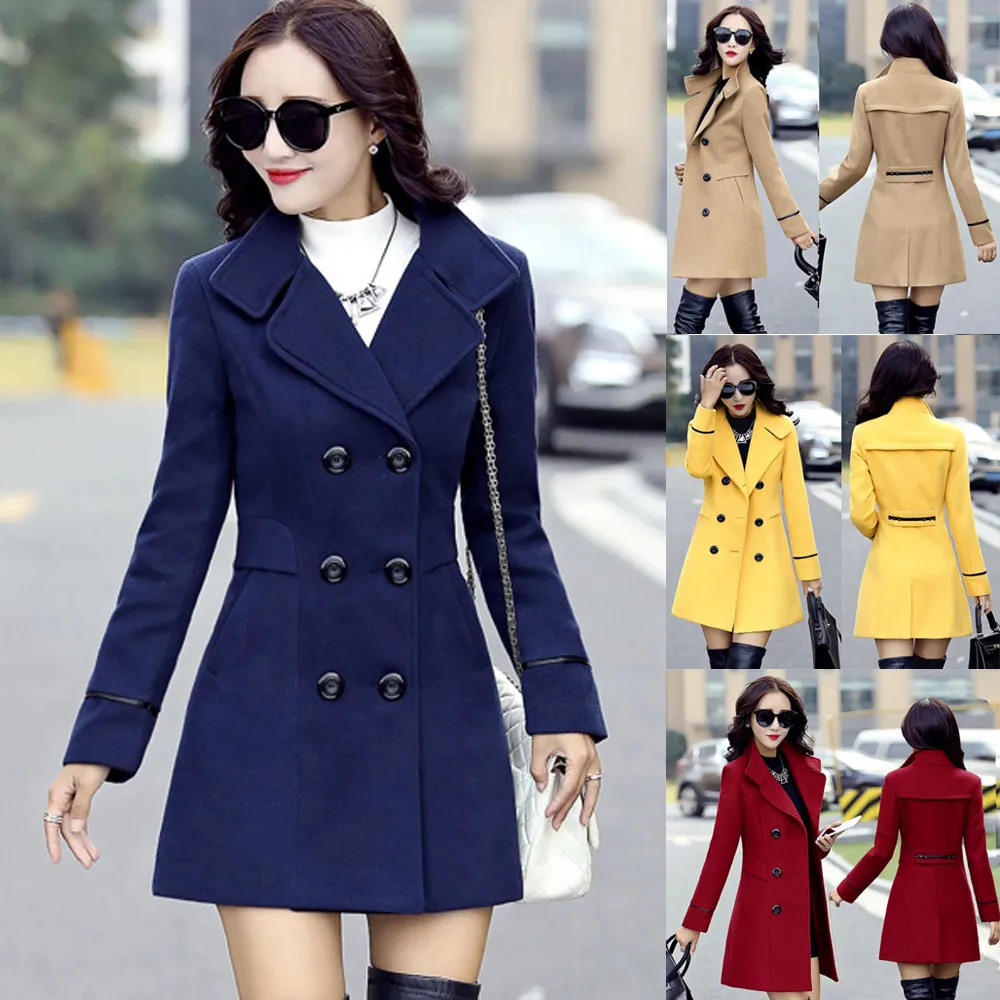 

Elegant Jacket Breasted Sleeve Women Work Fashion Office Wool Double Long Coat Women's Coat
