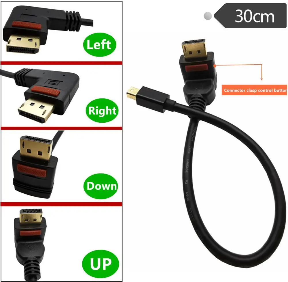 

Display Port 90° Angle Male with Connector clasp control button to Mini Display Port Male Video Cable Adapter - .0.3M
