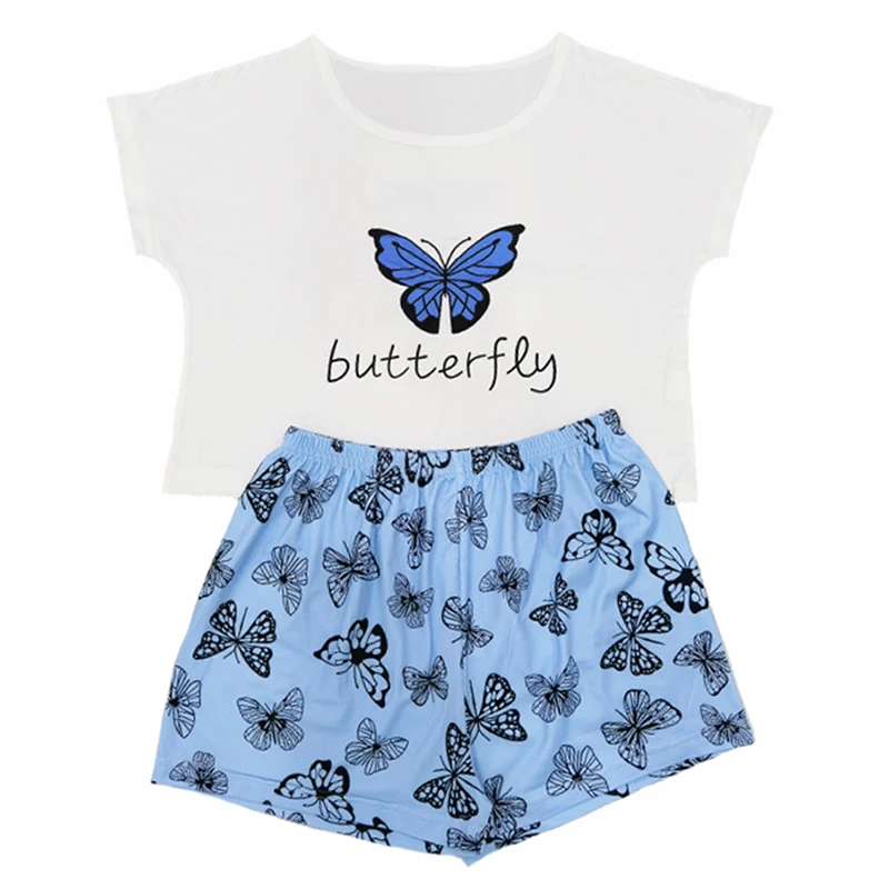 

2pcs Women's Sleepwear Sweet Butterfly Letters Printed Pajamas Short Set Girls T-Shirts and Shorts Pjs Homewear Summer Nightwear