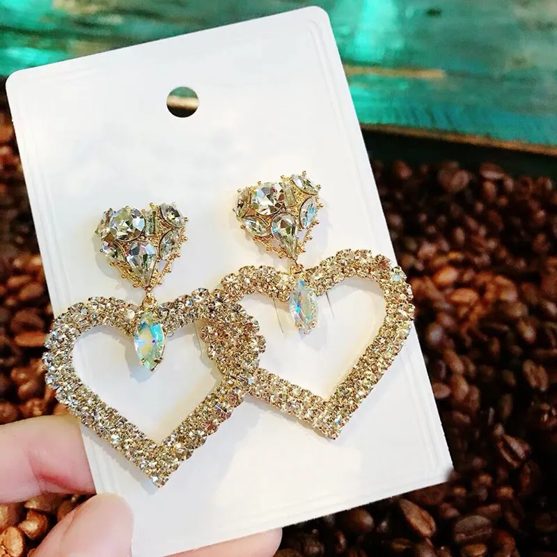Korean New Luxury Elegant Shiny Crystal Hollow Heart Long Pendientes Dangle Earrings For Female Party Jewelry | Украшения и