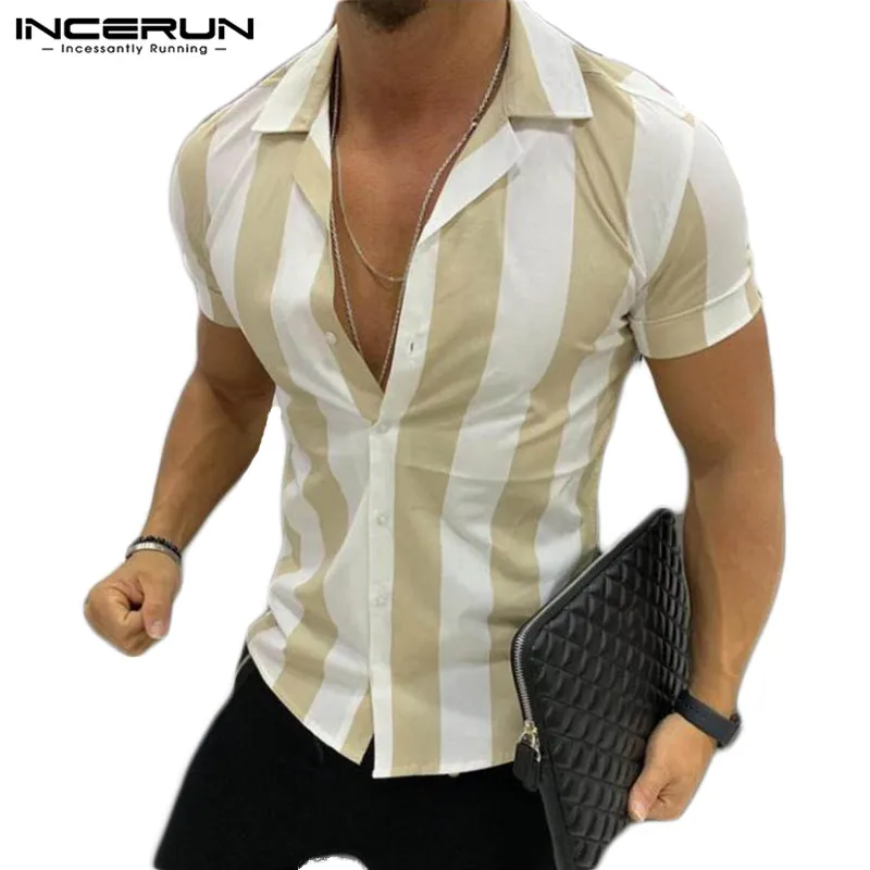 

INCERUN 2021 Fashion Men Shirt Multicolor Striped Short Sleeve Slim Button Tops Stylish Streetwear Party Men Shirts Plus Size