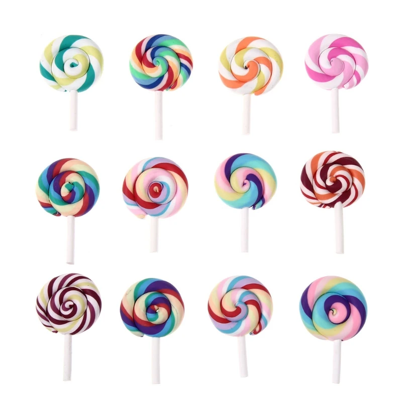 

100Pcs Colorful Lollipops Clay Pendant Charms Big Size Rainbow Swirl Lollipop Candy Embellishment for DIY Craft Supplies