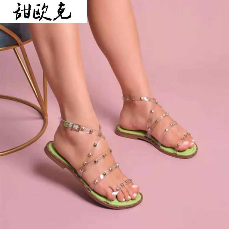 

Sandals Women's 2021 Summer New Shoes for Women Comfortable Flat-bottomed Rivet Transparent Casual Sandals Women Open Toe Shoes