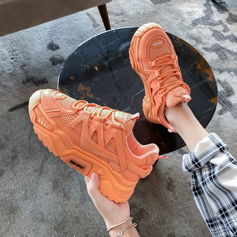 

2021 New Designer Sneakers Women Platform Casual Shoes Fashion Sneakers Platform Basket Femme Yellow Lace-Up Casual Chunky Shoes
