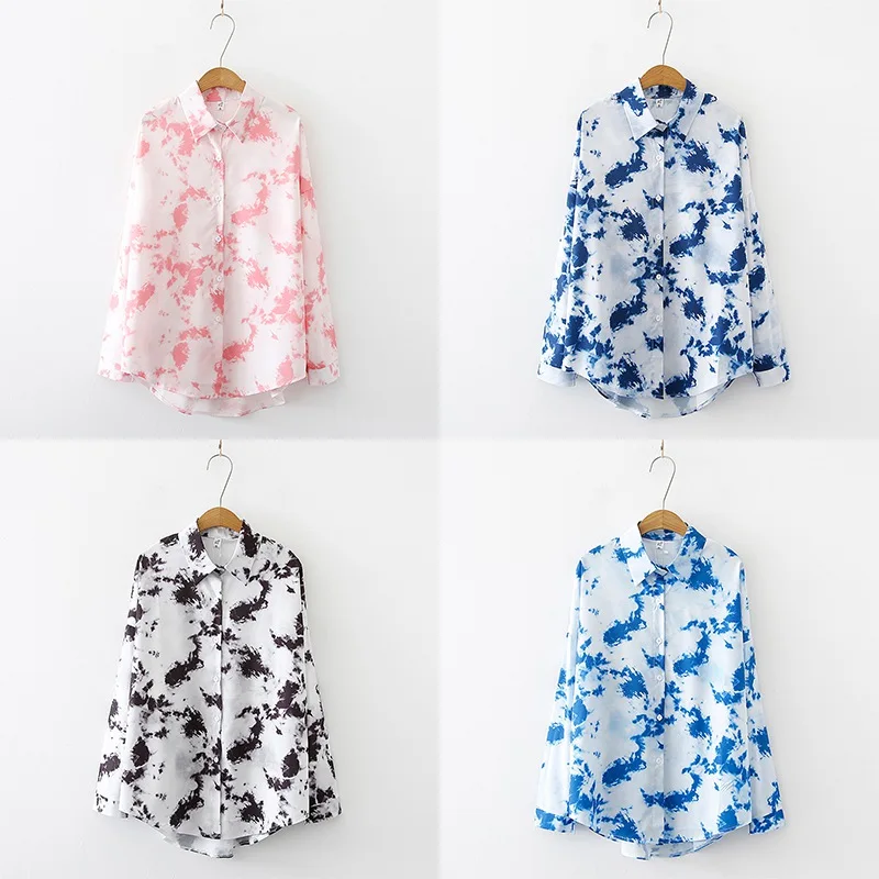 

Retro Blouse Korean Gradient Tie-Dye Women's Tops Fashion Loose Camisa Casual Long-Sleeved Shirt Dark Blue L B