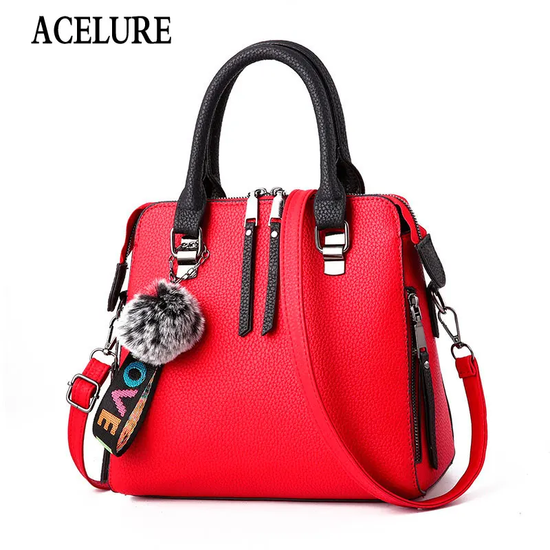 

ACELURE Fur Ball Pendant Shoulder Bags for Women Soft Solid PU Leather Crossbody Bags Fashion Female Handbags Shopping Purse Bag