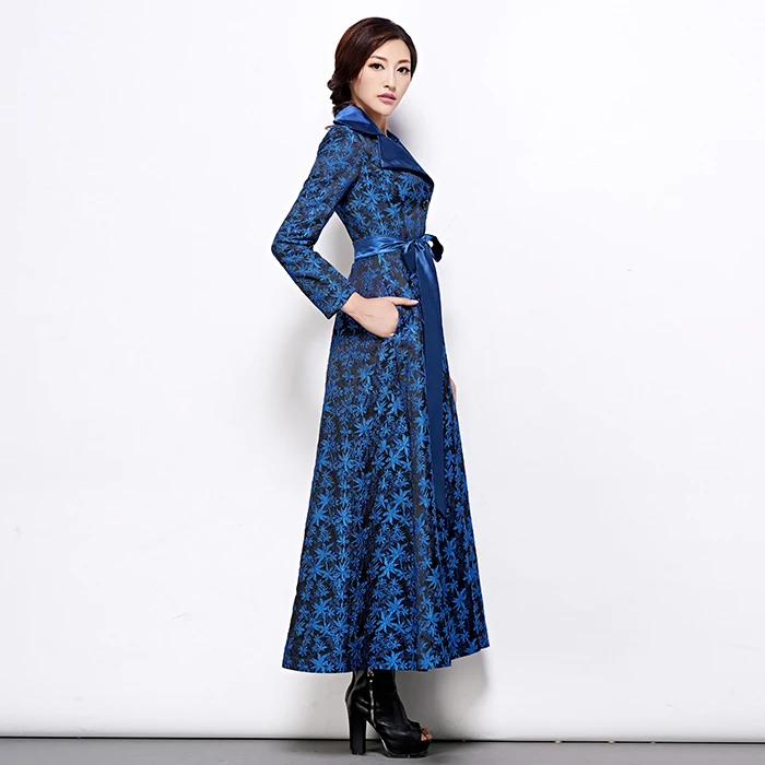 Женская ветровка с жаккардовым узором длинная синяя поясом на заказ A30|Женские