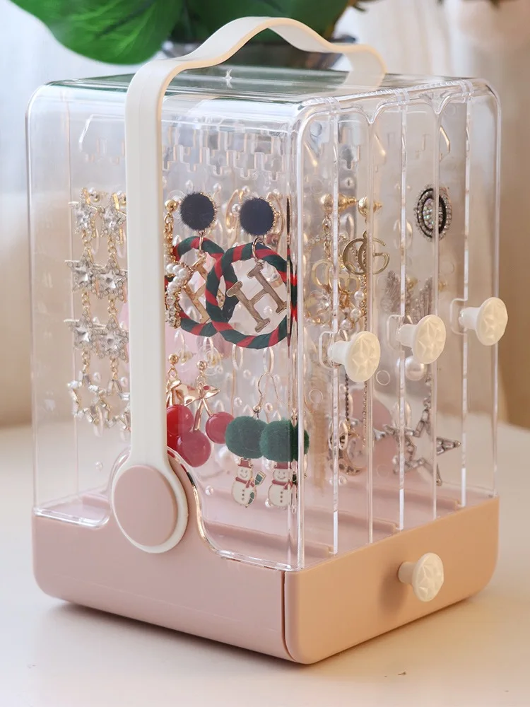 

Portable Earrings Ring Display Stand Shelf Dustproof Jewelry Storage Box Women Lipstick Drawer Cosmetic Organizer Case