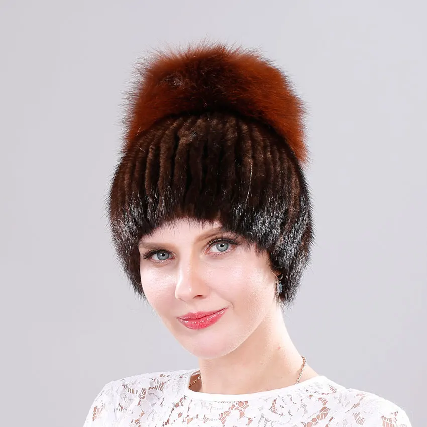 ICYMI Women's Elastic Knitted Hats Real Mink Fur Beanies with Fox Pom handmade Winter Cap Russian Hat for Women | Аксессуары для