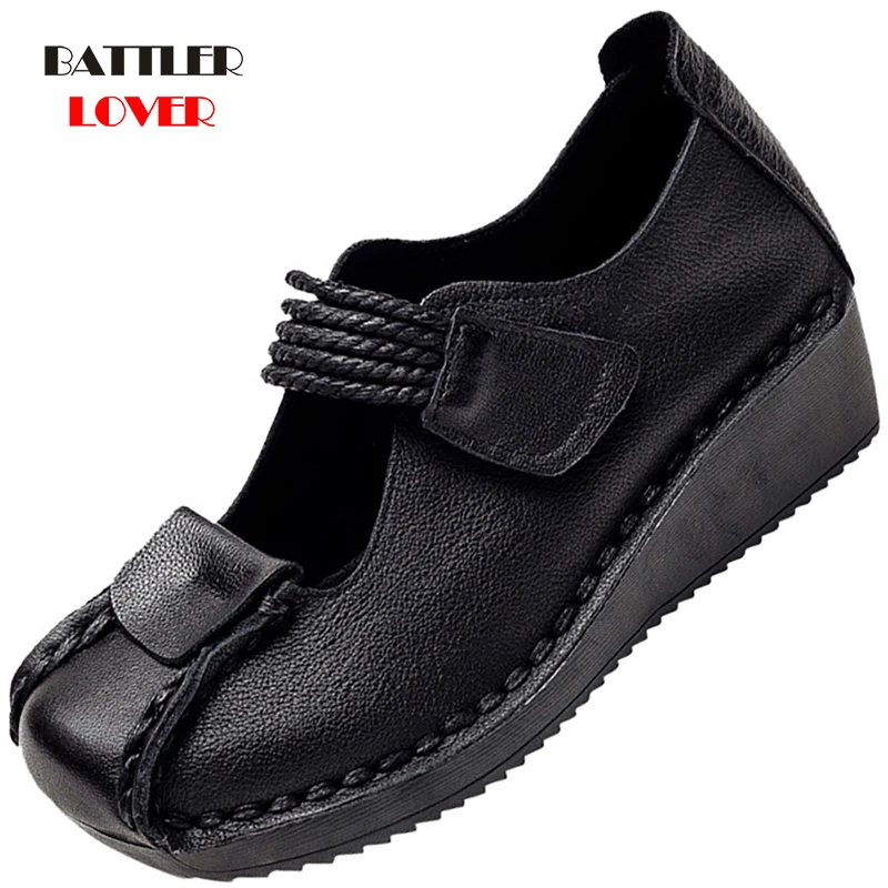 

New Spring Autumn Cowhide Pump For Women 2021 Round Toe Thick Bottom Low Cut Retro Genuine Cow Leather Female Soft Sole Footwear