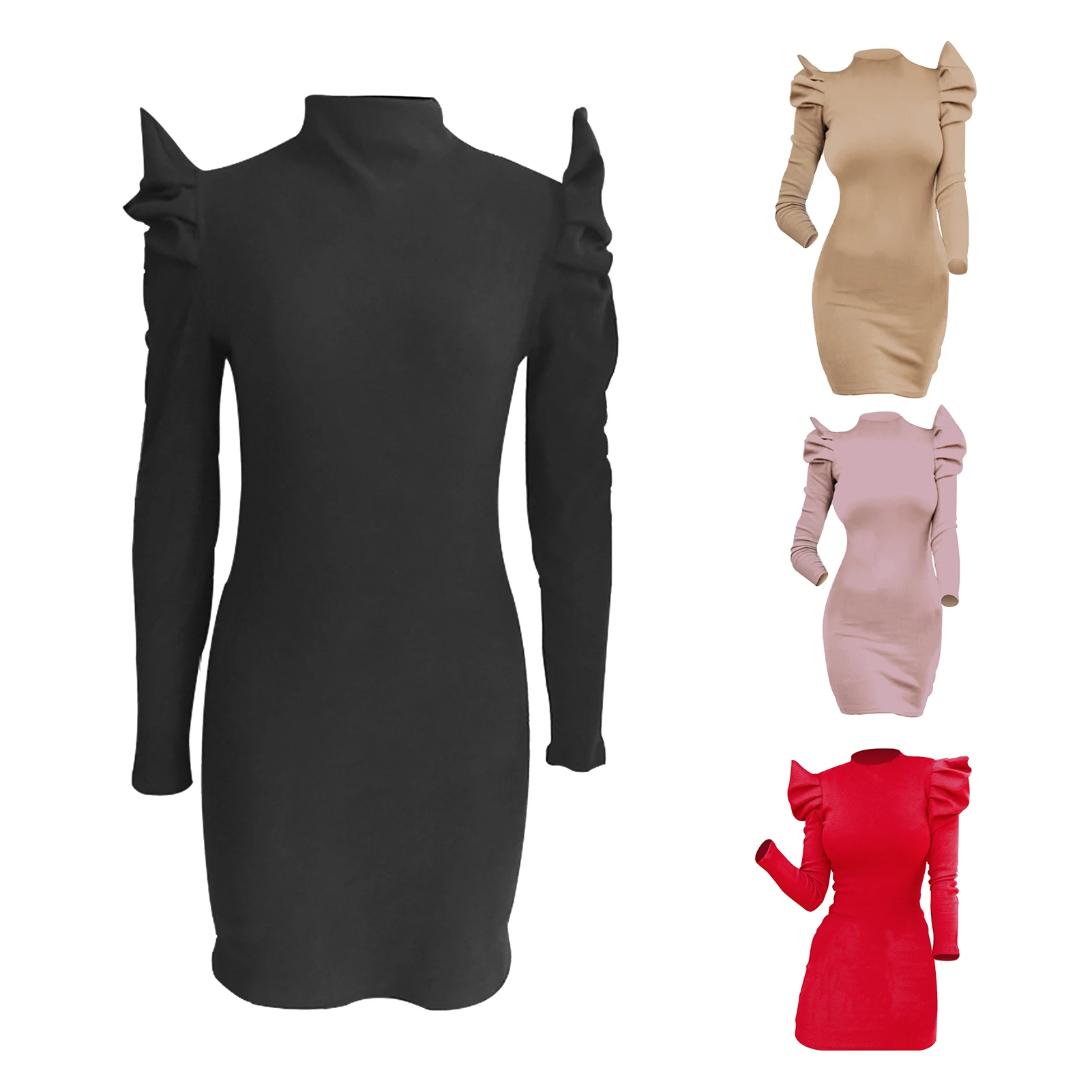 

Sexy Women Autumn Winter Solid Color Long Puff Sleeve O Neck Bodycon Mini dresses for women 2020 elegant