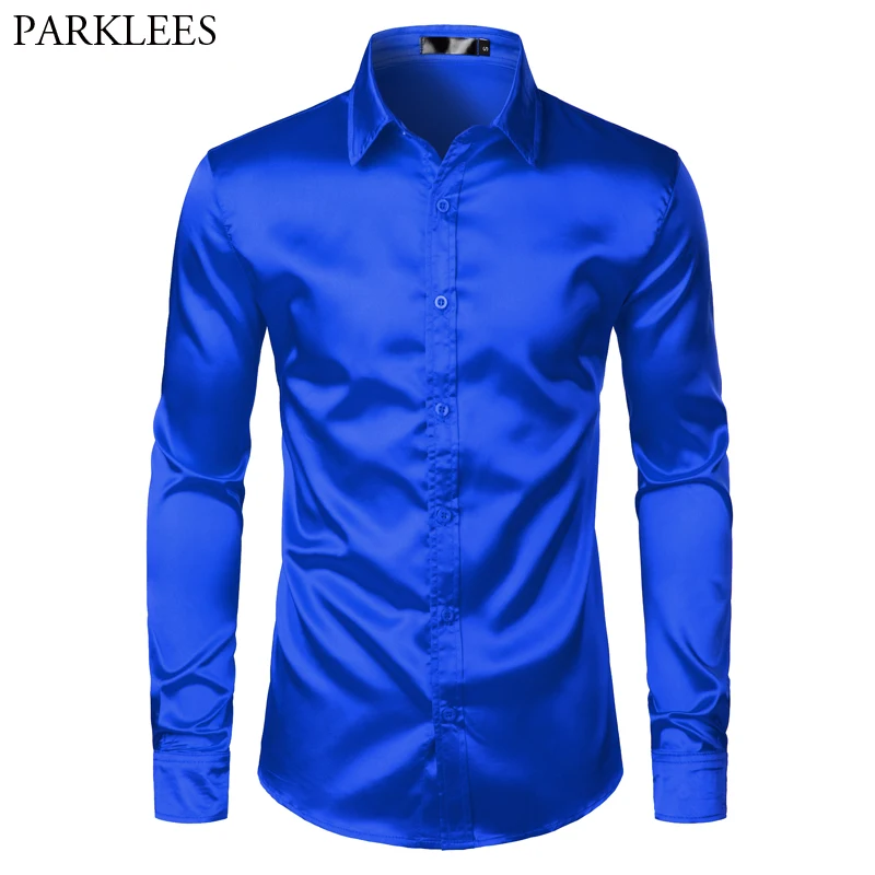 Royal Blue Silk Satin Shirt Men 2022 Luxury Brand New Slim Fit Mens Dress Shirts Wedding Party Casual Male Casual Shirt Chemise