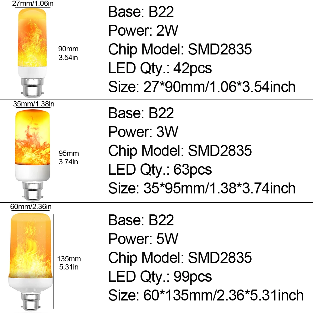Светодиодная лампа B22 светодиодная с эффектом пламени 2 Вт 3 5 светодиодный