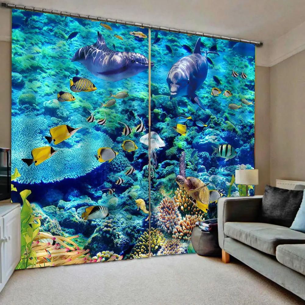 

Custom made 3D Curtains For Kids Living Room underwater world dolphin Photo Printed Drapes Modern Window Treatment Drapes