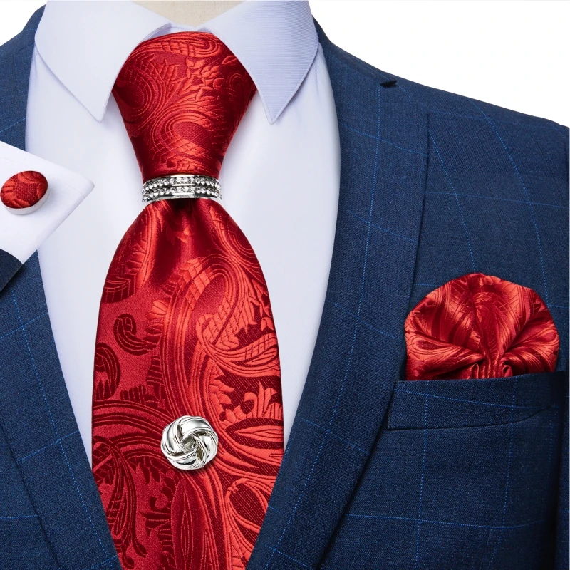 Однотонные красные мужские шелковые галстуки Пейсли, набор, карманные Квадратные запонки, галстук с цепочкой, подарок для мужчин 8 см, широк...