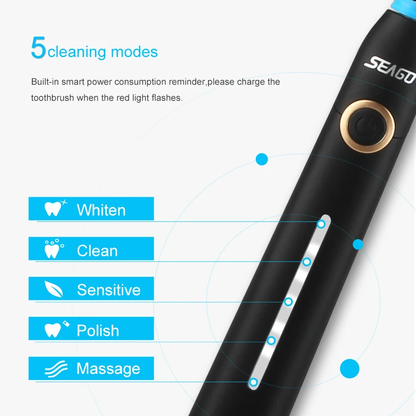 СЕАГО Электрическая зубная щетка с функцией зарядки, отбеливания, водонепроницаемая, с 5 режимами очистки, соническая, для взрослых, быстрая зарядка.