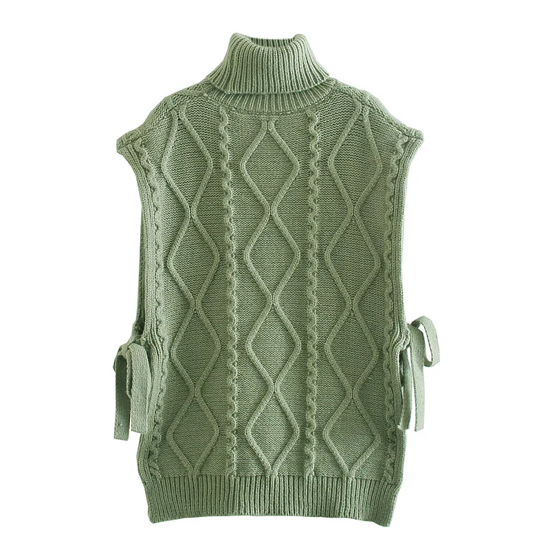 

Women Fashion Za 2021 Green Sweater Eight-strand Woven Thick Needle High Neck Waistcoat Elegant Mujer Tops