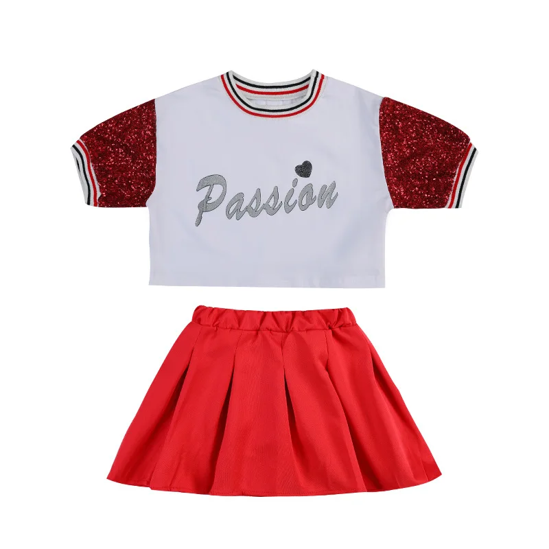 

Kid Hip Hop Clothing Sequin Crop Top T Shirt Streetwear Summer Skirt Mini for Girls Dance Cheerleader Costume Set Clothes Wear