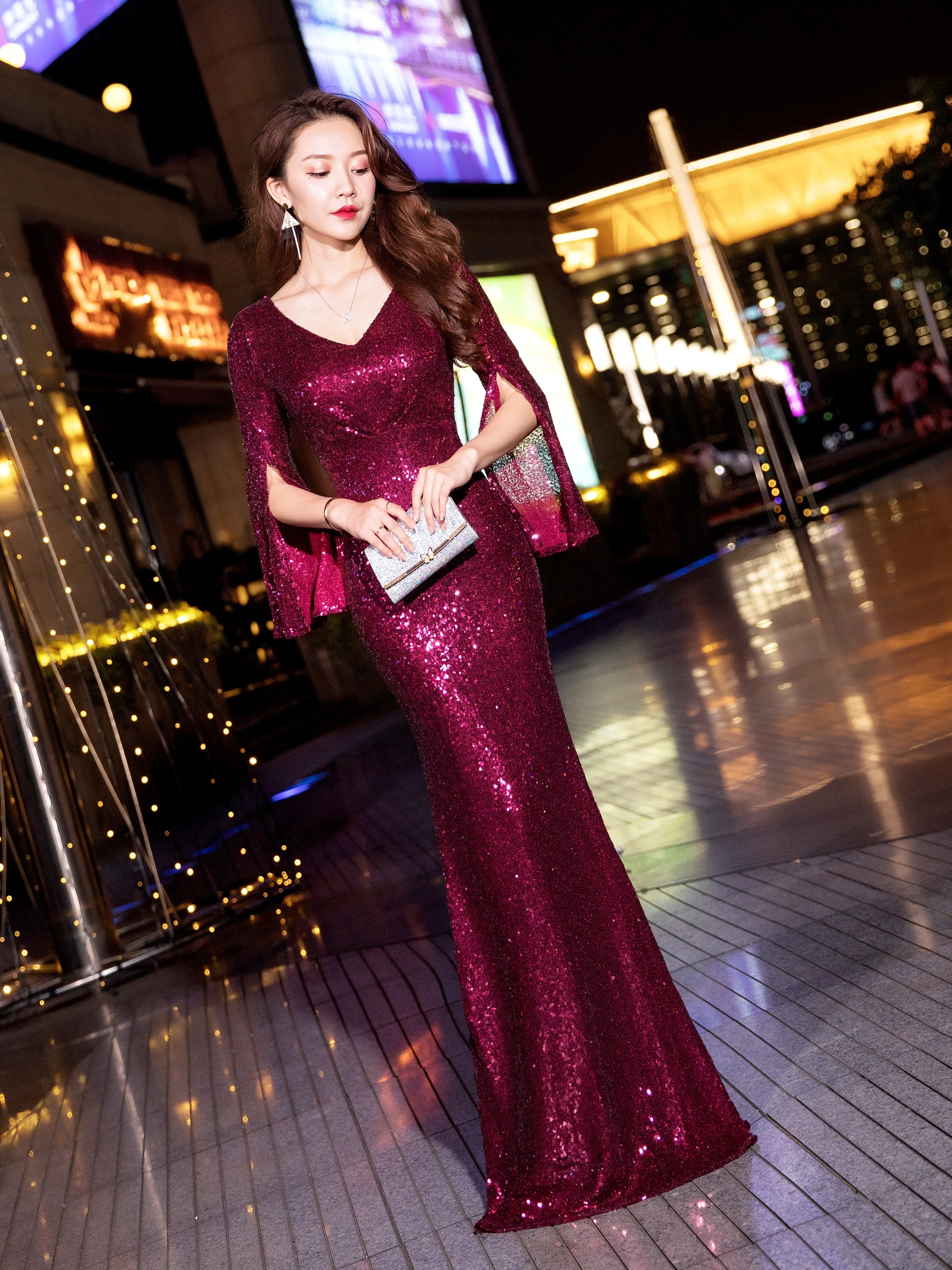 Женское вечернее платье русалка длинное до пола с V образным вырезом сексуальное