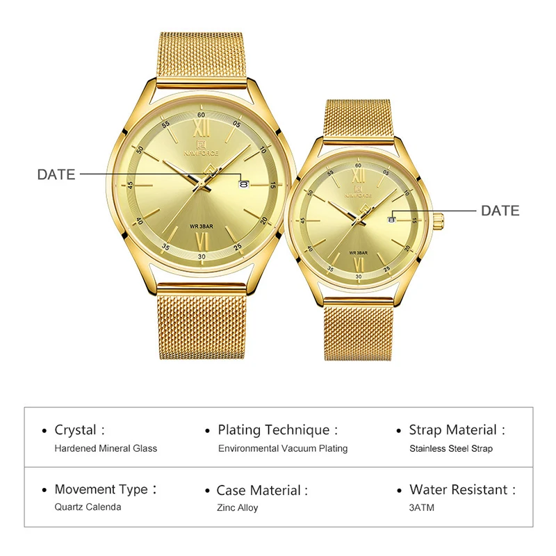 Часы NAVIFORCE для пар роскошные брендовые золотые наручные часы мужчин и женщин