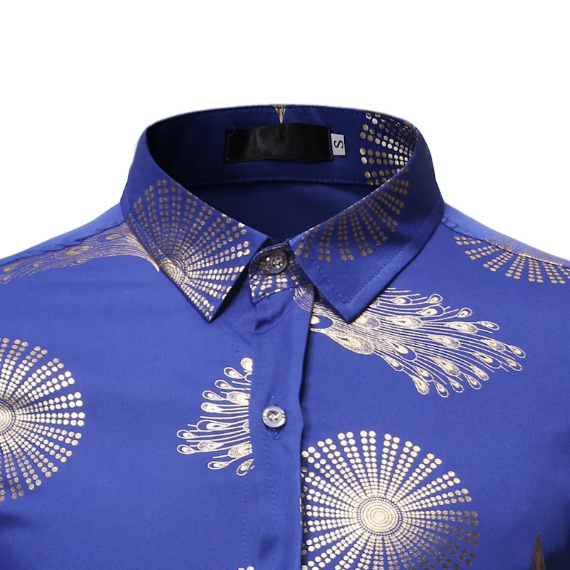 Королевский Синий Смокинг Рубашка Для мужчин 2019 Стильный золотой Цветочный