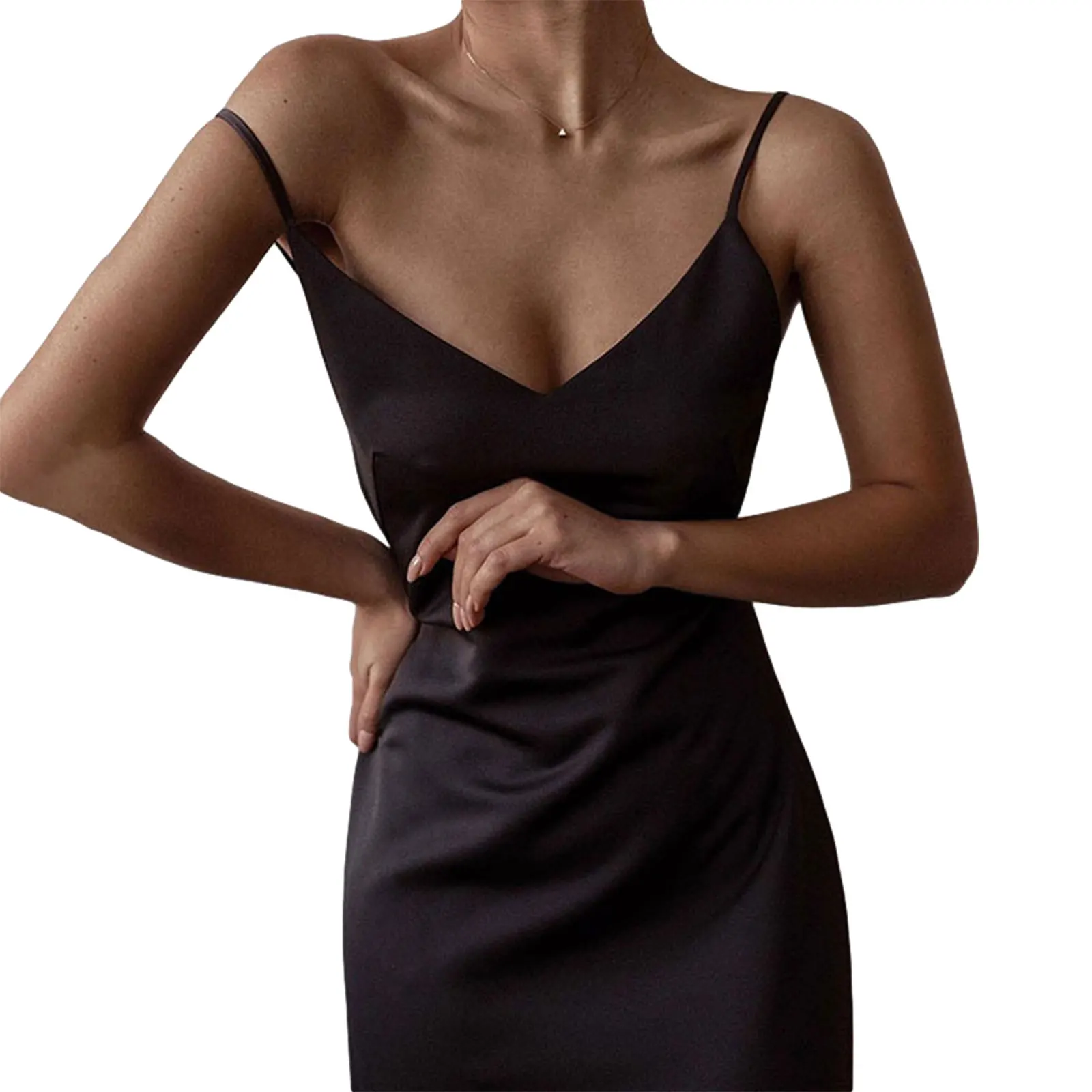 

Women Sexy Backless Solid Color Dress Stylish Sleeveless V-neck Dress for Ladies