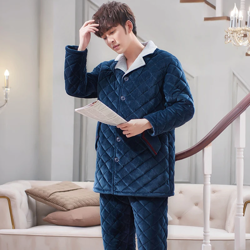 Plus Size 3XL Quilted Sleepwear Long Style Winter Warm Flannel Pajama Set Thick Padded Male Pyjamas Coral Fleece Leisure Outwear