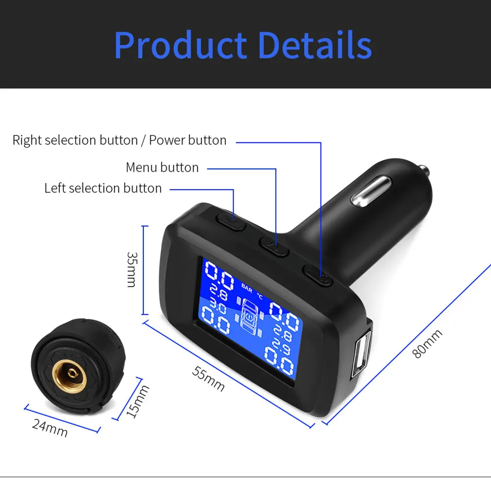 

Vehemo TPMS Cigaratte Lighter Tire Pressure Monitoring System 4 External / Internal Sensor USB Realtime Tire Pressure Monitor