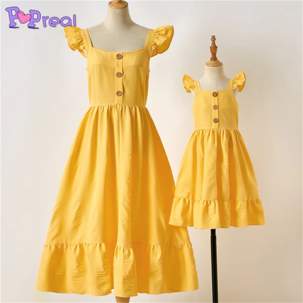 

PopReal Parent-Child Outfit Fashion Dress Flying Sleeves Mom And Daughter Skirt Family Matching Outfits Buttons Solid