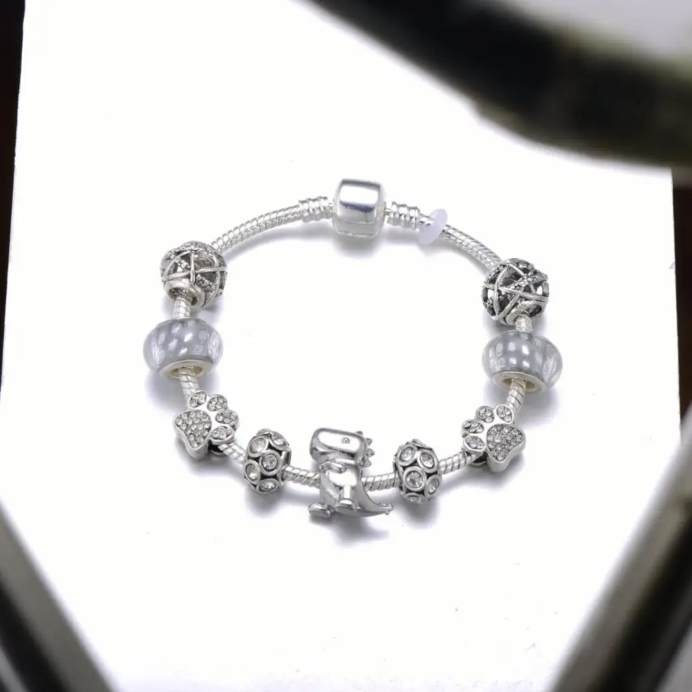 

New Arrival Dinosaur Pendant Charm Bracelet Crystal Bear Paw Beads Silver Plated Snake Chain Brand Bracelet For Women Jewelry