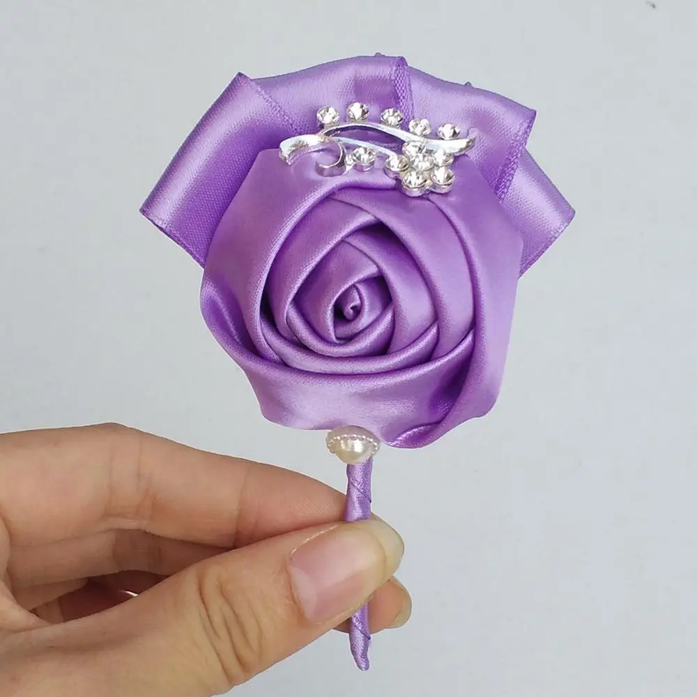 middle purple Свадебная бутоньерка для жениха винная Роза из красного атласа цветы корсаж de mariage Пром Брошь с кристаллами цветы de novia XH1300-2 - Цвет: middle purple