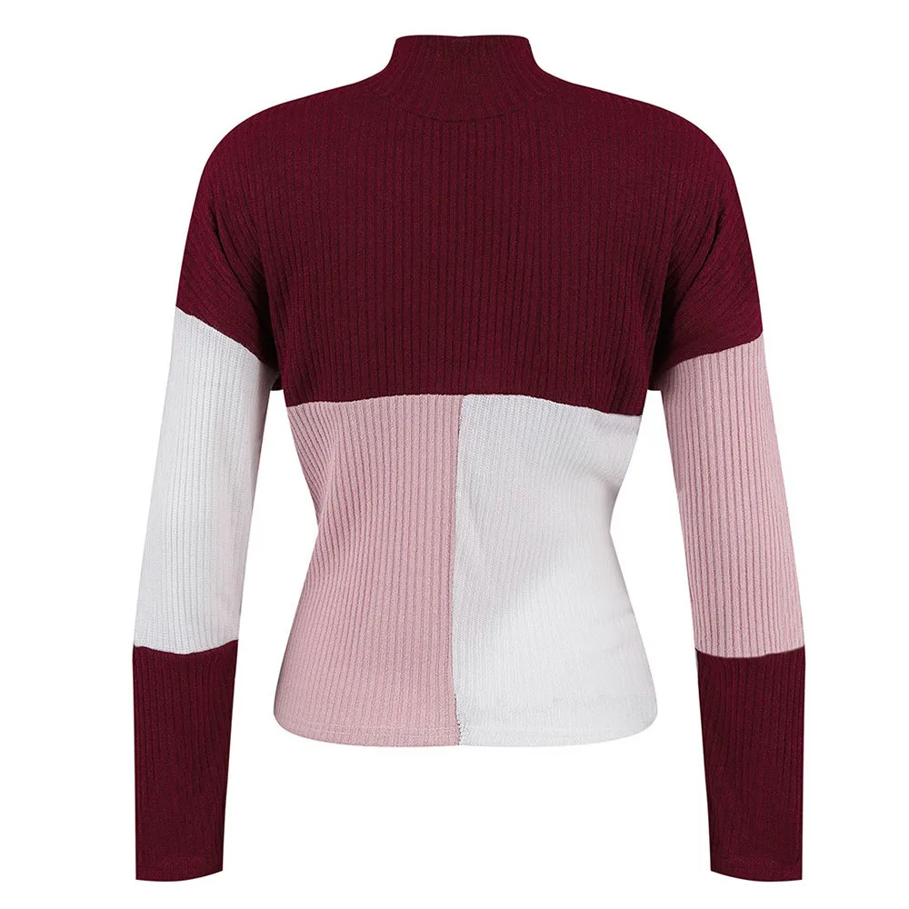 Jaycosin Women Colorblock Stand Long Sleeve Knitted Loose Sweater Tops Casual Quality Attractive Jumper Pullover Top Blouse | Женская