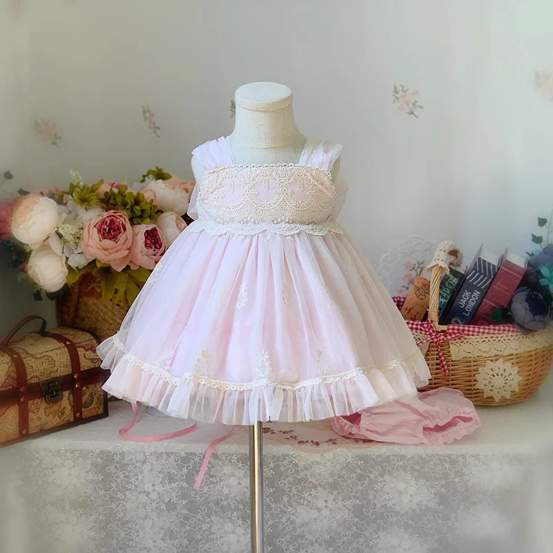 

Summer Dress Baby Girls Princess Birthday Party Baptism Prom Clothing Kids Girls Pink Lace Embroidery Tulle Ball Gown Sleeveless