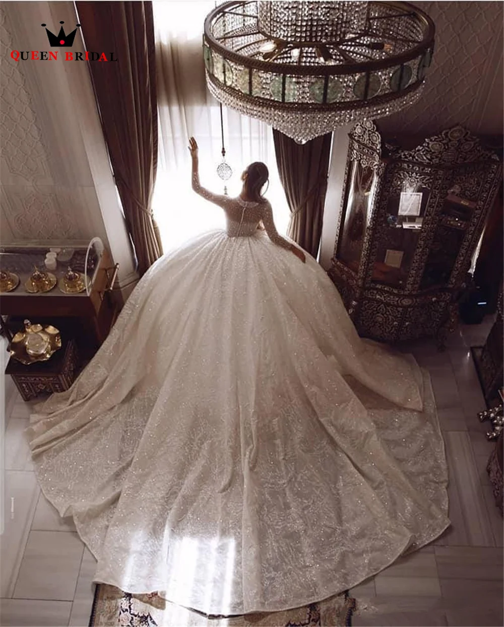 

Luxury Wedding Dresses Ball Gown Long Sleeve Puffy Tulle Lace Flowers Crystal Diamond Muslim Bridal Dress Custom Made DK12